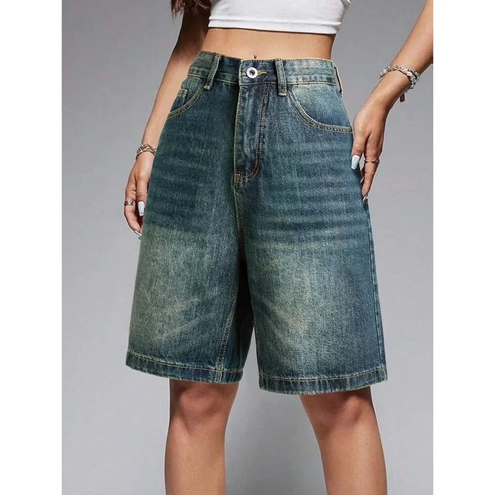 Women Denim Jorts Shorts Mid-Low Waisted Baggy Casual Beach Summer